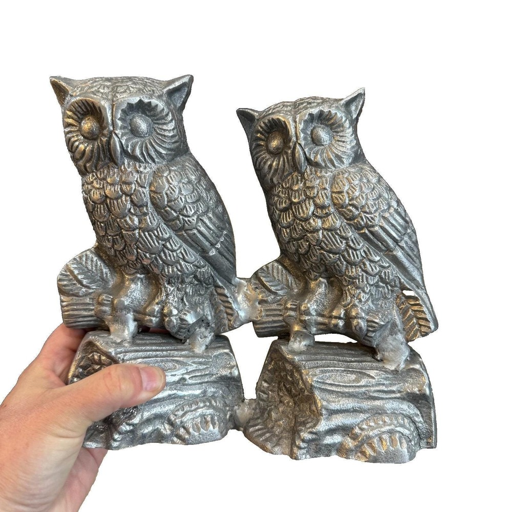 Vintage Owl Figurine‎ Cast Aluminum Silver Woodland Shelf Decor Rustic Cabin